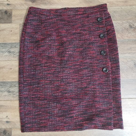 Ann Taylor Red Black Button Closure Midi Length Wrap Pencil Skirt Size 10 - Picture 1 of 10